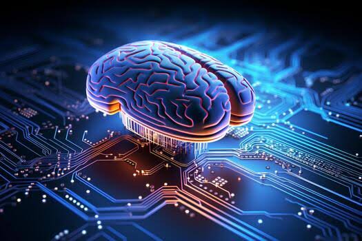A digital AI brain connected to an electronic circuit board
